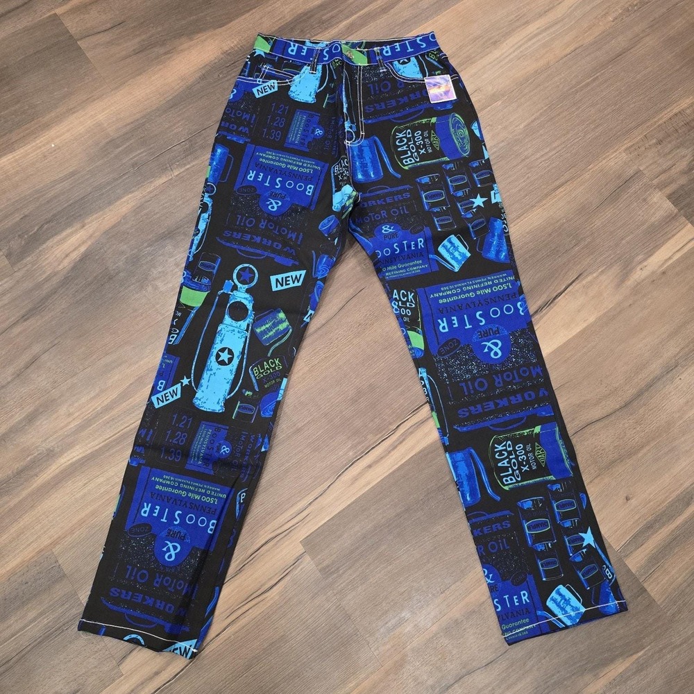Vtg Womens Bold Graphic Print Stretchy Jeans Pants Gasoline Cars‎ Blue Y2K 15/16